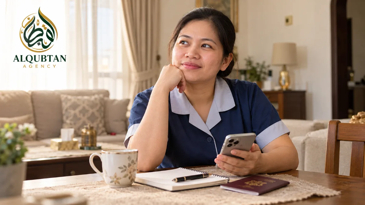 Filipina domestic helper in Saudi Arabia looking at her phone
