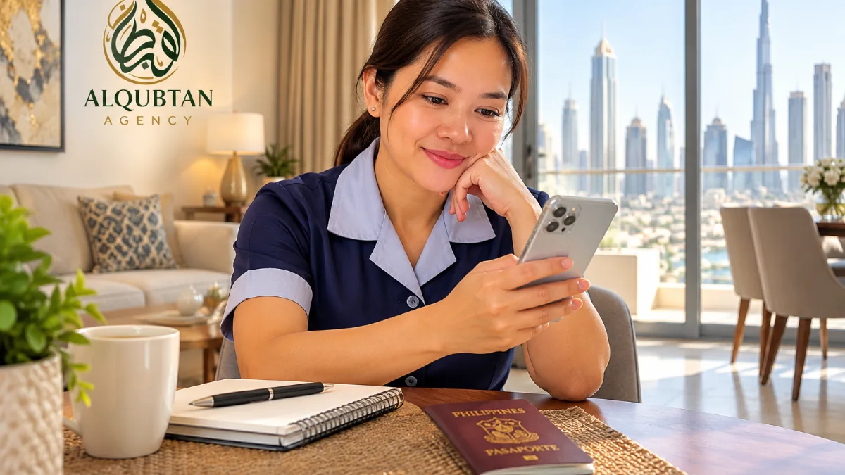 Filipina domestic helper in the UAE preparing her job application on her phone